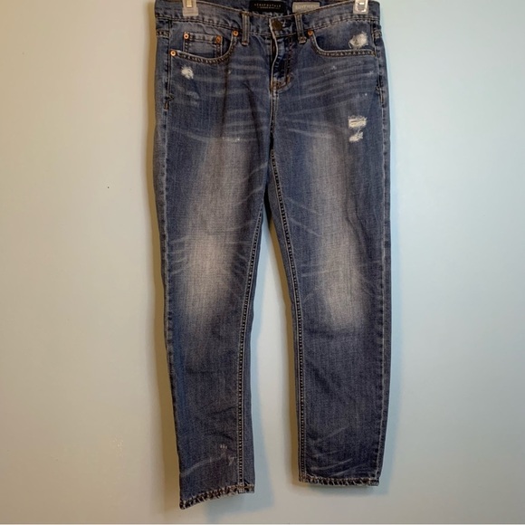 Aeropostale Boyfriend medium wash distressed mid rise relaxed baggy ankle jean 4 - Picture 7 of 9